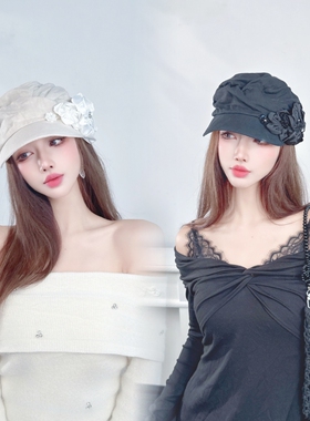 CREAMPP 原创优雅质感透气亚麻褶皱鸭舌报童帽褶皱钻饰花朵贝雷帽
