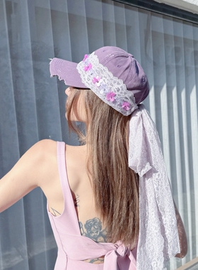 NIUYANG 设计师春夏仙气宽边蕾丝飘带亮片钻饰花棒球帽甜美鸭舌帽