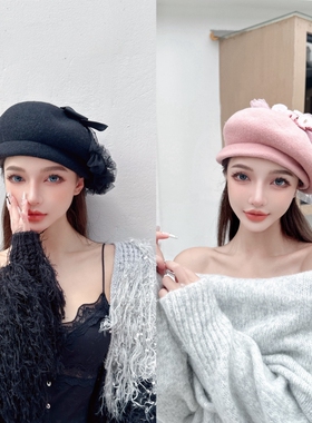 CREAMPP 设计师不规则网纱裙摆加厚绵羊毛画家帽斜体高颅顶贝雷帽