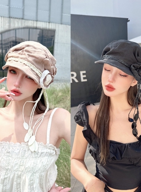 CREAMPP 原创解构之美立体剪裁古典褶皱棉麻鸭舌帽皮叶玫瑰贝雷帽
