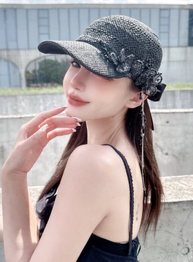 NIUYANG 原创春夏手钩草编镂空棒球帽水晶蕾丝花优雅蝴蝶结鸭舌帽