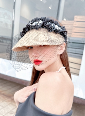 CREAMPP 春夏设计师款面纱发箍式空顶帽褶皱钻饰遮阳拉菲草鸭舌帽