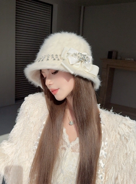 CREAMPP 原创甜美朦胧兔毛绒钻饰流苏渔夫帽不规则蝴蝶结法式盆帽