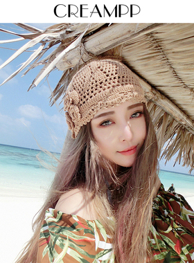 森系钩织棉线后绑带花朵镂空包头针织帽头巾帽
