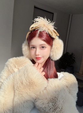 CREAMPP 原创复古千金天鹅绒驼鸟毛钻饰蝴蝶结蓬松狐狸毛保暖耳罩