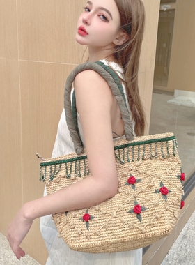 CREAMPP 原创春夏立体浮雕手工钩针拉菲草包流苏丝巾托特包单肩包