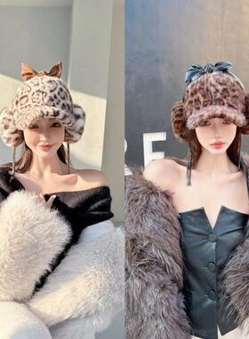 NIUYANG 原创潮款秋冬豹纹毛绒耳罩二合一蝴蝶结流苏高颅顶鸭舌帽