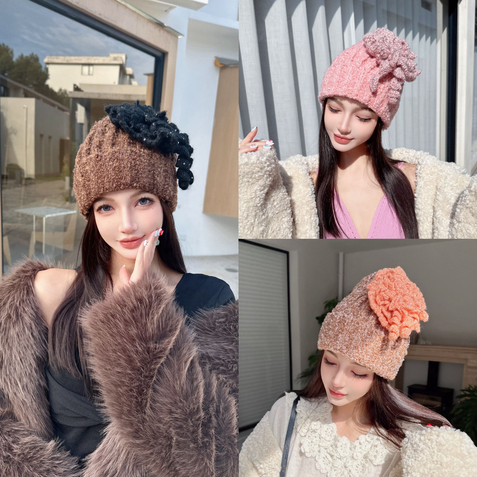 CREAMPP亮片层次吊坠花朵毛线帽