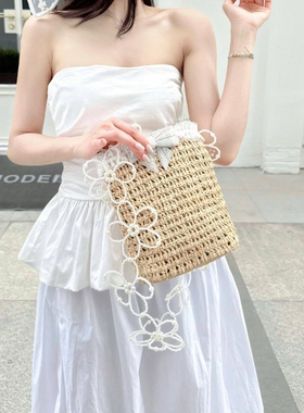CREAMPP 原创春夏手钩镂空天然拉菲草斜挎包珍珠花肩带蕾丝草编包