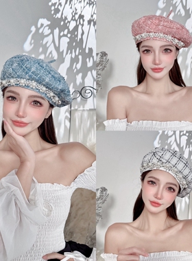 CREAMPP 原创香风飞碟钻饰珍珠圆面画家帽薄羊毛呢珠钻款贝雷帽
