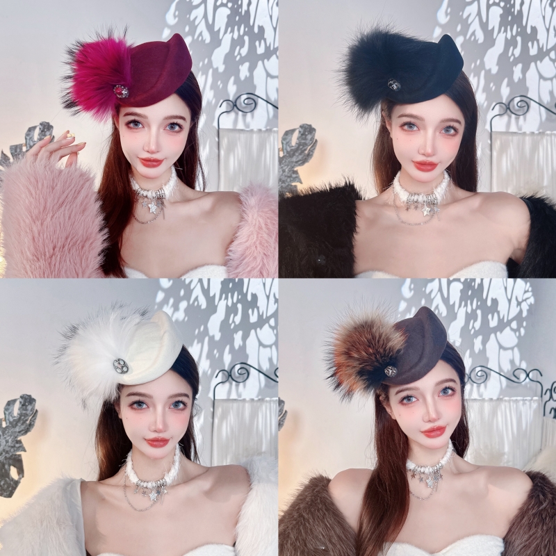 CREAMPP 原创高奢设计师款不规则澳毛呢定型礼帽蓬松狐狸毛发夹帽