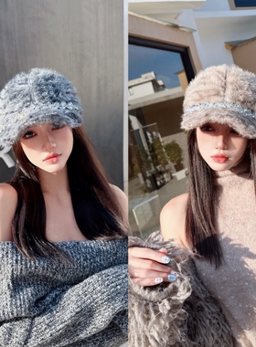 NIUYANG 原创时髦秋冬仿皮草高级感斑马纹爱心钻饰简约饱满鸭舌帽