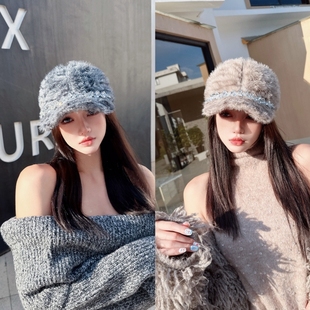 NIUYANG 原创时髦秋冬仿皮草高级感斑马纹爱心钻饰简约饱满鸭舌帽