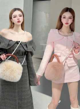 CREAMPP 高奢芬兰白狐整皮脊毛珍珠挂链斜挎皮草包头层羊皮手提包