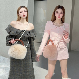 CREAMPP 高奢芬兰白狐整皮脊毛珍珠挂链斜挎皮草包头层羊皮手提包