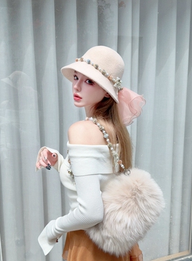 CREAMPP 原创秋冬加厚纯羊毛重工蝴蝶水晶钻饰后背蝴蝶结优雅盆帽