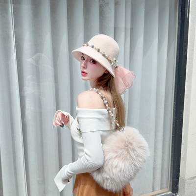 CREAMPP 原创秋冬加厚纯羊毛重工蝴蝶水晶钻饰后背蝴蝶结优雅盆帽