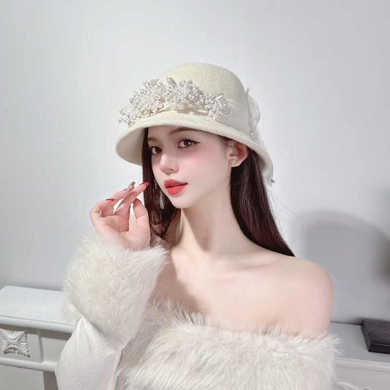 CREAMPP 设计师高订优雅柔美细腻羊毛饱满珠花网纱蝴蝶结加厚盆帽