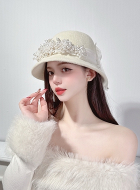 CREAMPP 设计师高订优雅柔美细腻羊毛饱满珠花网纱蝴蝶结加厚盆帽