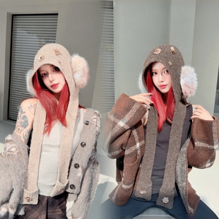 CREAMPP 设计师保暖针织围巾连帽幻彩耳罩一体亮片花巴拉克拉法帽