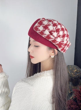 CREAMPP 原创法式复古经典千鸟格纯羊毛斜体贝雷帽钻饰蝴蝶结礼帽