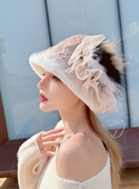 CREAMPP 原创梦幻渐变加厚兔绒渔夫帽网纱花边狐狸毛高级盆帽