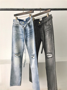 FOG 6th男款街头飘带膝盖破坏刀割基础水洗做旧色直筒牛仔裤长裤