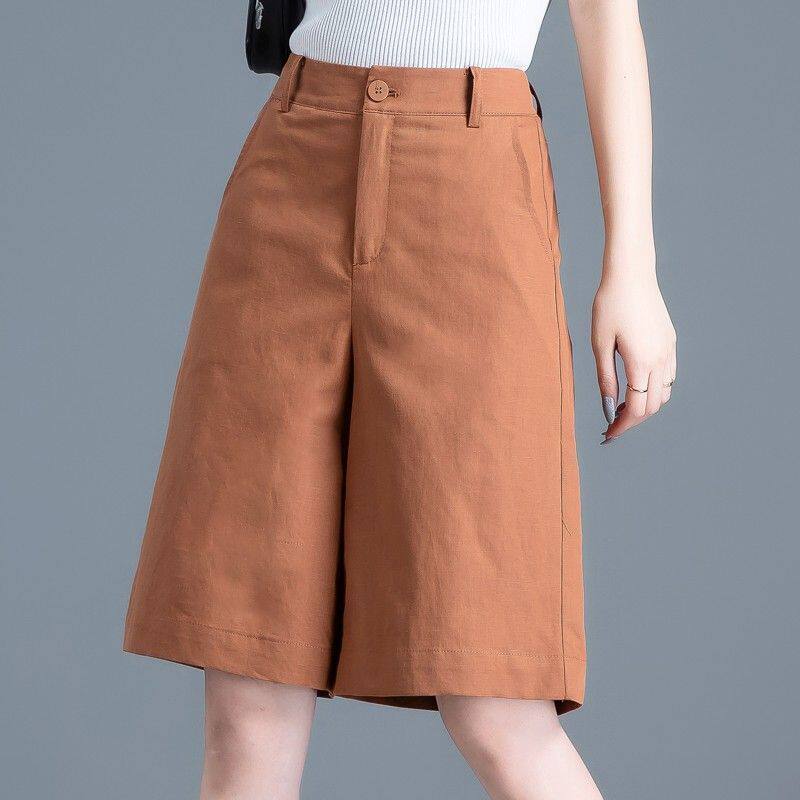 棉麻短裤女夏季焦糖色中裤薄款五休闲裤