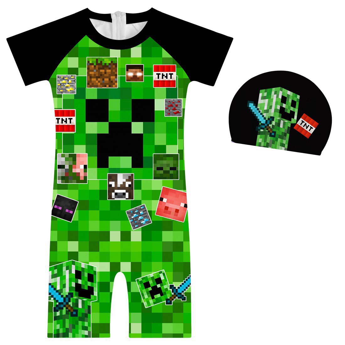 夏季cos我的世界Minecraft儿童短袖连体游泳装卡通绿魔人速干泳衣