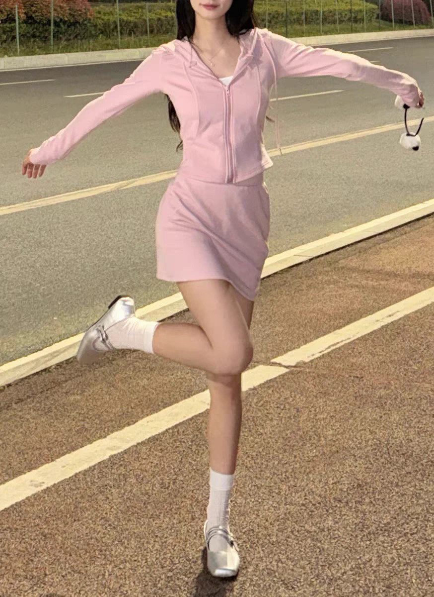 春装2025新款韩系修身显瘦甜辣连帽收腰拉链开衫卫衣包臀裙套装