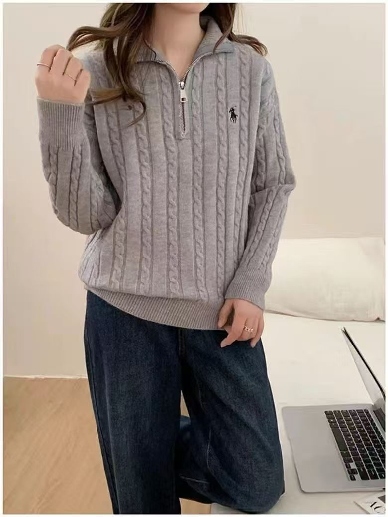 2026新款半拉链立领小马刺绣麻花毛衣女秋冬套头休闲百搭针织上衣