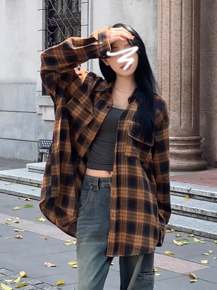2026新款休闲格子衬衫外套女春秋美式复古宽松中长款慵懒磨毛衬衣