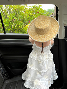 春夏新品韩国儿童平顶麦秆草编大檐沙滩度假遮阳珍珠链子设计草帽