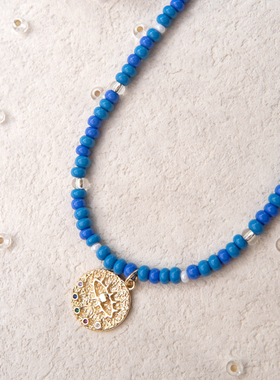 原创蓝色恶魔之眼彩锆吊坠同款彩色甜酷锁骨链小众串珠项链白百何