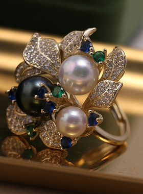 s925纯银豪华彩锆多珠花朵戒指托