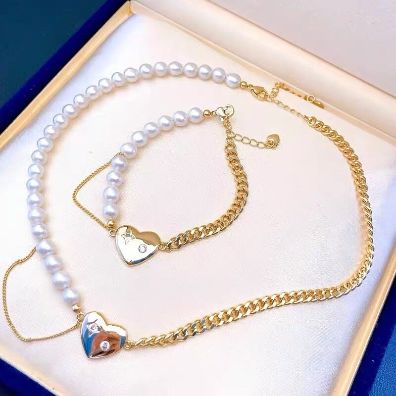 DIY珍珠配件s925纯银日韩版二件套装粗狂古巴手链套链空托配饰品