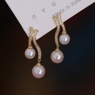 DIY珍珠配件s925纯银微镶韩式新潮时尚双珠耳坠耳钉耳饰空托配饰