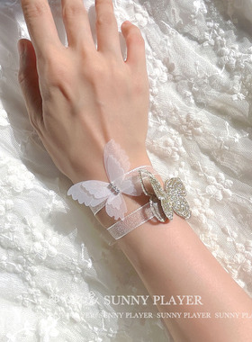 手腕花伴娘团新娘结婚蕾丝白色蝴蝶网纱唯美简约小清新手环高级感