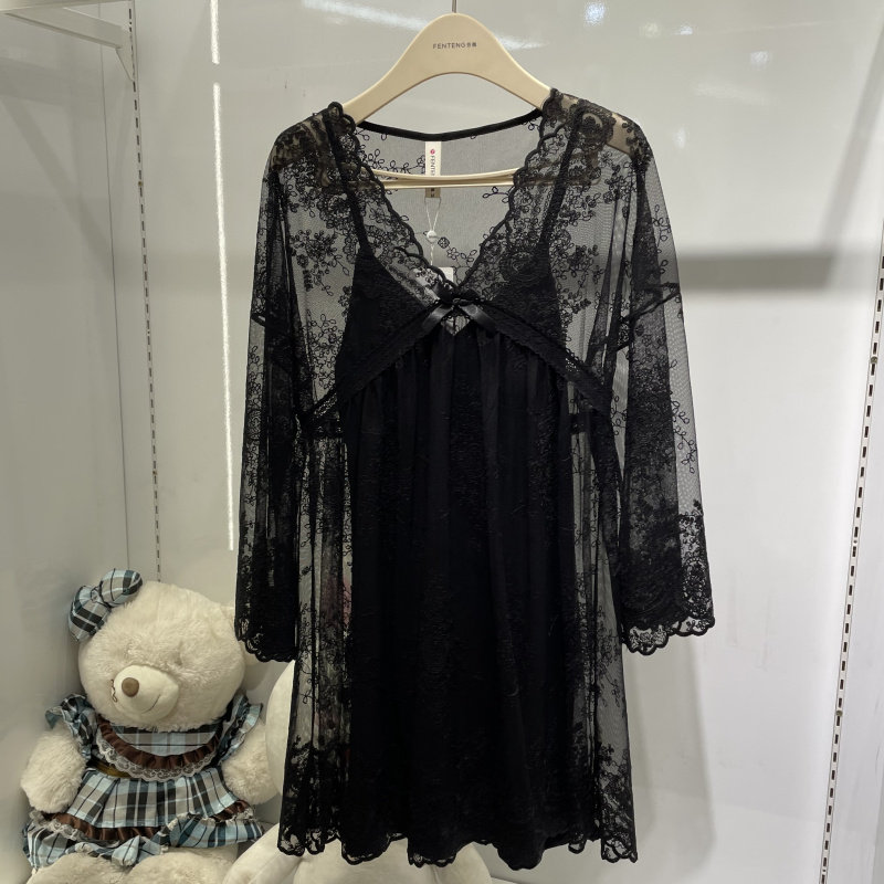 芬腾88310239春夏两件套吊带蕾丝性感诱惑睡裙长袖黑色情趣睡衣