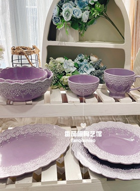F39紫色公主陶瓷釉下彩浮雕重工餐盘米饭碗椭圆鱼盘汤碗帽子盘