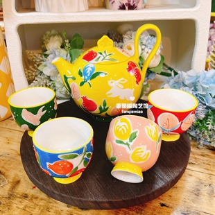 陶瓷釉下彩手绘浮雕一壶四杯家用茶壶水杯马克杯小茶杯
