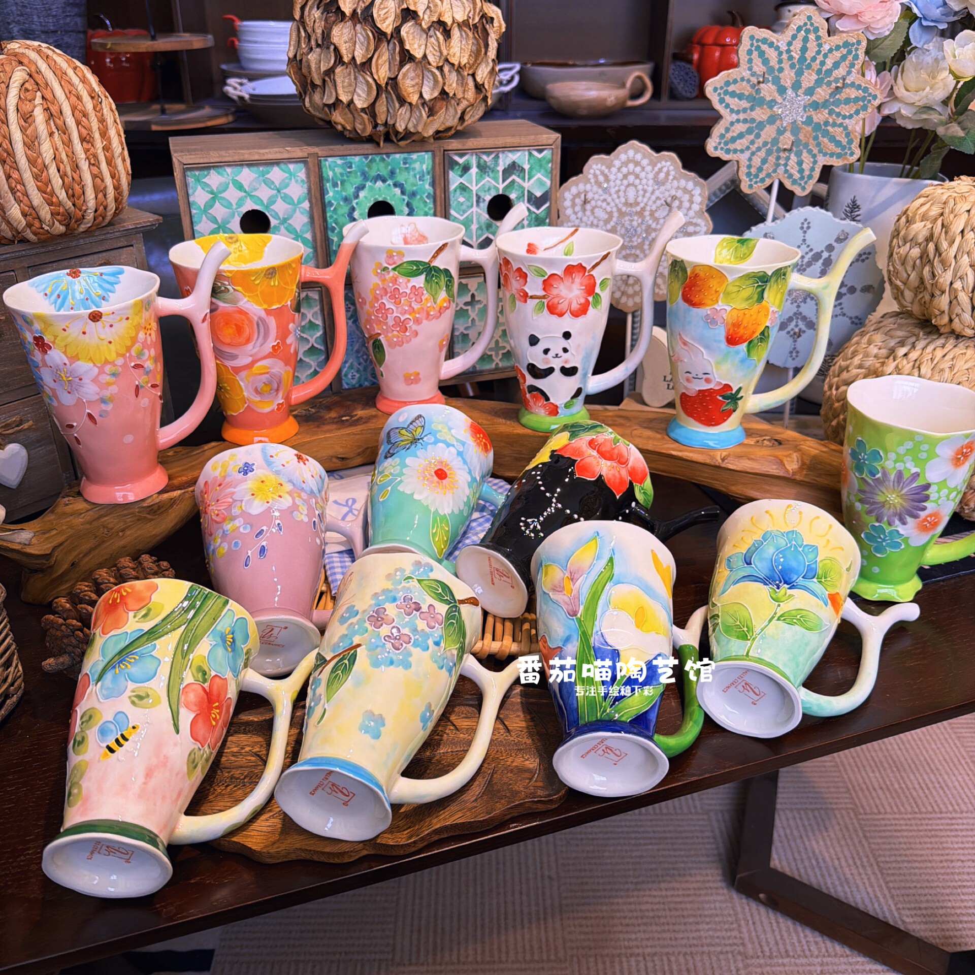 手绘釉下彩濑户烧陶瓷杯马克杯咖啡杯牛奶杯水杯早餐杯吸管杯浮雕