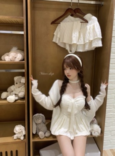 NIAOER原创秋冬少女毛绒亮片重工抹胸毛衣裙套装