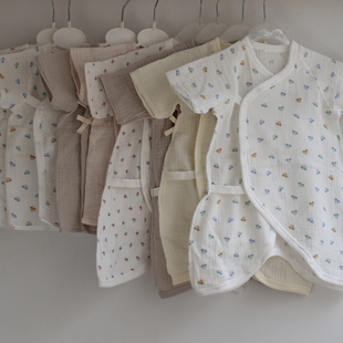 出口日本纯棉绉皱纱布短袖偏襟按扣上衣新生儿蝴蝶衣连身衣睡衣