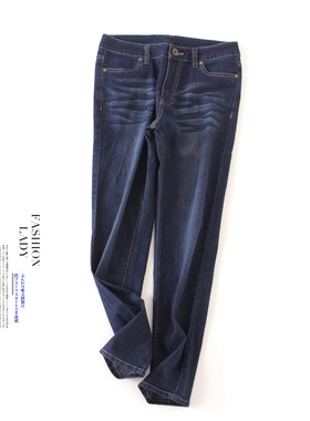 猫须显瘦胖MM大码高腰深蓝色牛仔小脚裤 弹力牛仔铅笔裤B526