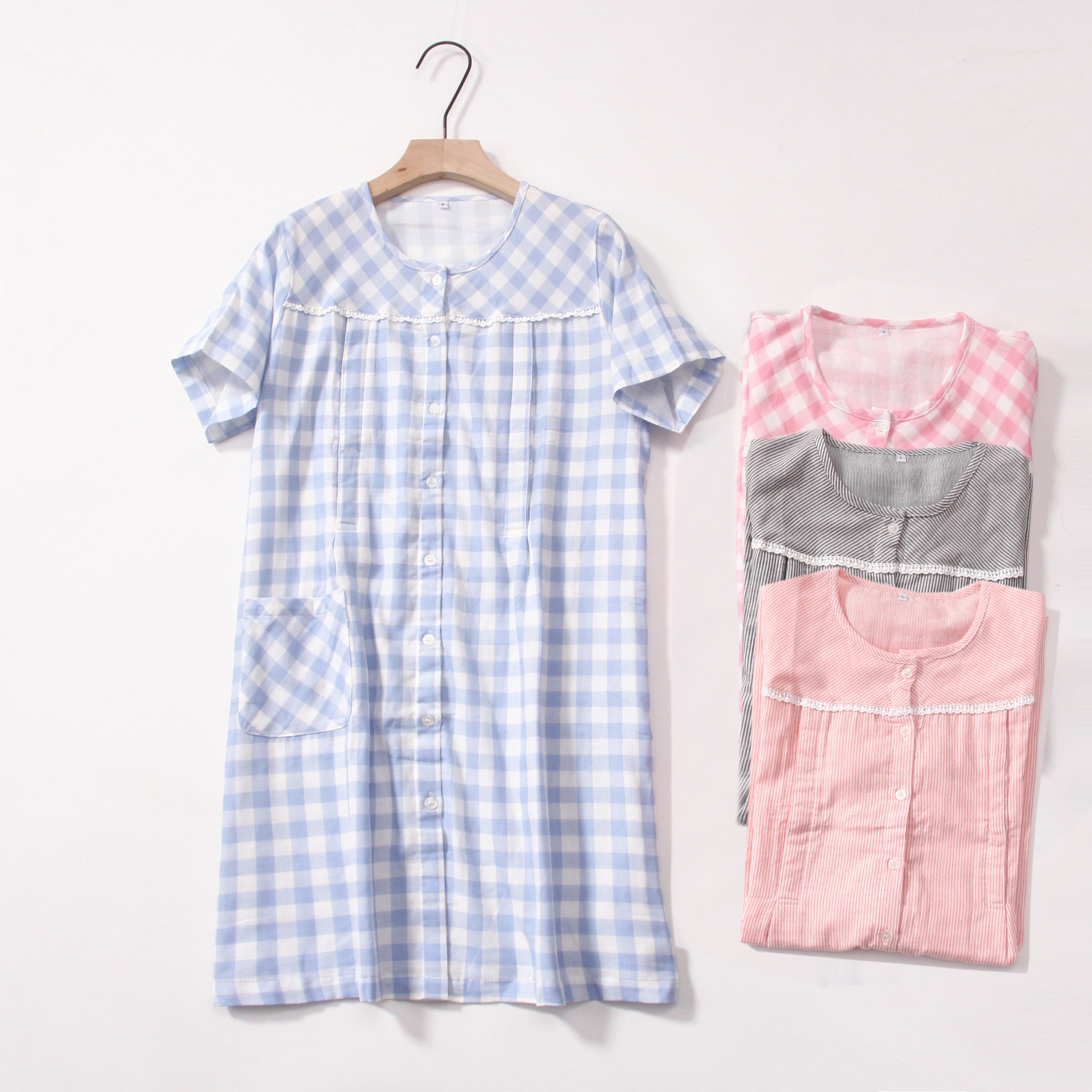 夏全棉双层纱布孕妇家居服妇睡裙短袖产妇家居裙月子服哺乳衣W362