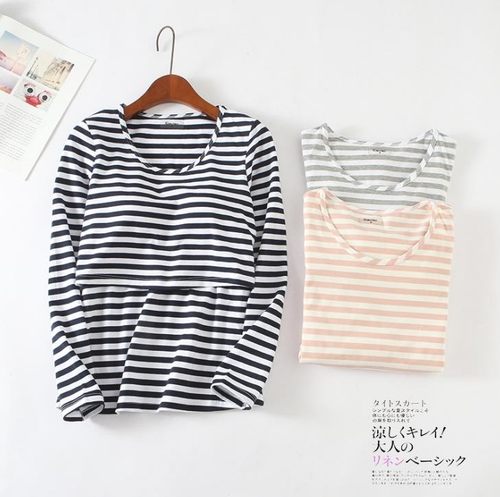 氨棉弹力长袖喂奶衣孕妇秋衣免穿文胸带胸垫可取纯棉哺乳T恤H216