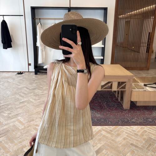 THX夏新款韩系老钱风宽松休闲百搭条纹纯亚麻无袖背心小衫女上衣