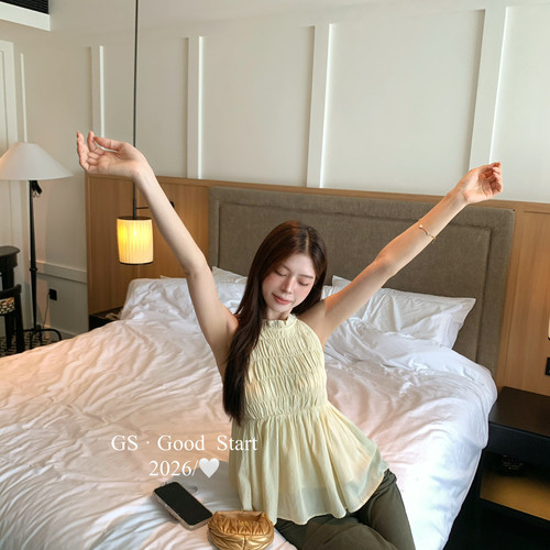 GS夏上新韩系甜美少女感捏褶花边休闲百搭娃娃衫背心无袖女上衣