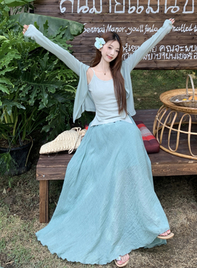 实拍~吊带开衫半身裙三件套慵懒禅意风温柔文艺百搭大码套装上衣